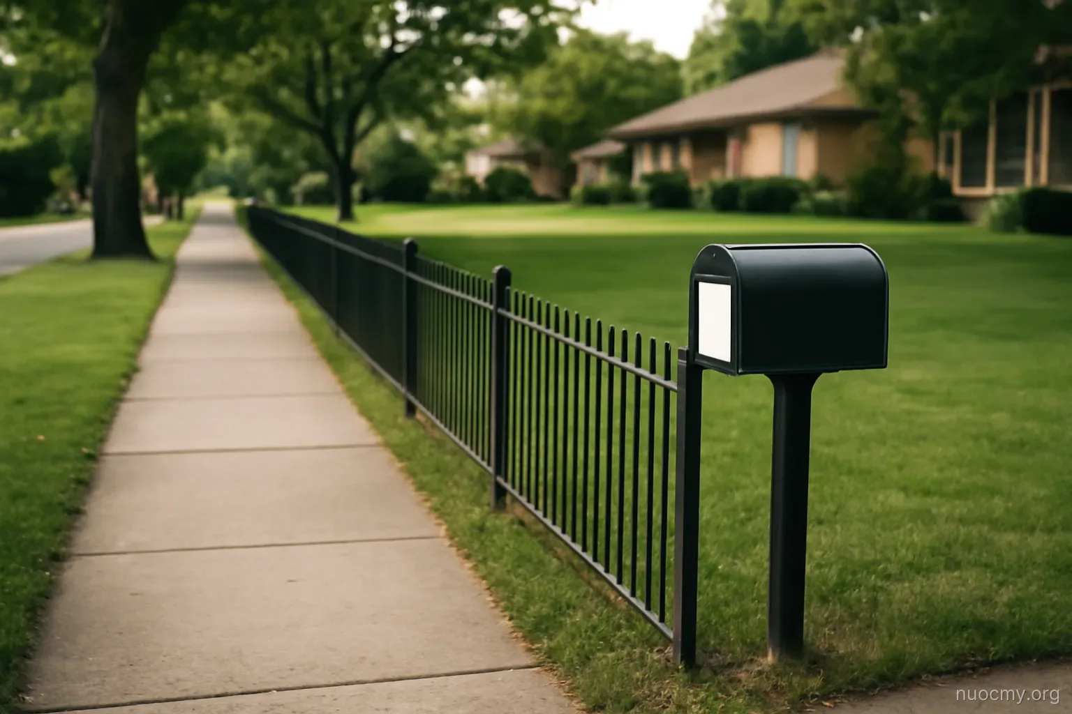 a neighborhood sidewalk with a low fence, mailbox and open front lawn, no people around