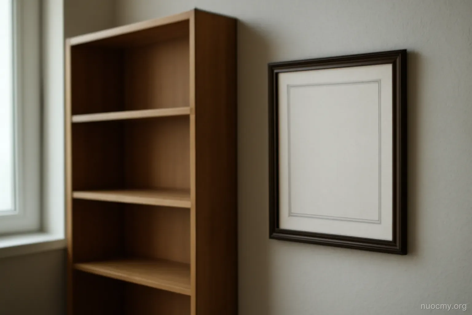 a framed certificate hanging slightly crooked on an office wall beside an empty bookshelf