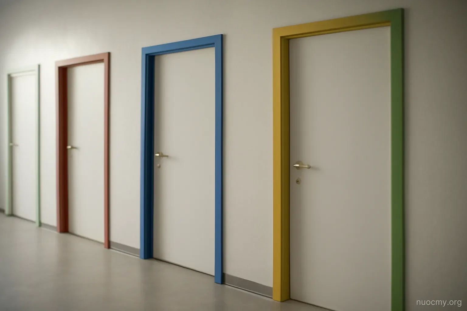 four separate doorways in a plain corridor, each with a different colored frame, all closed