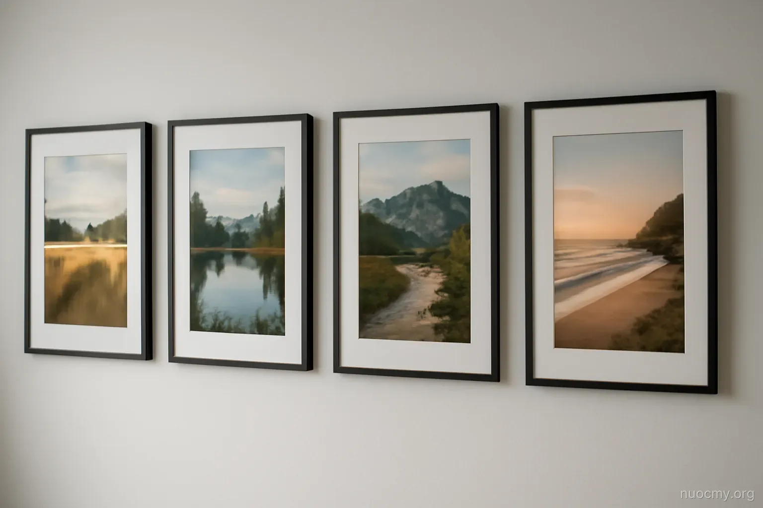 four different landscapes shown as separate framed photographs hanging in a row on a white wall