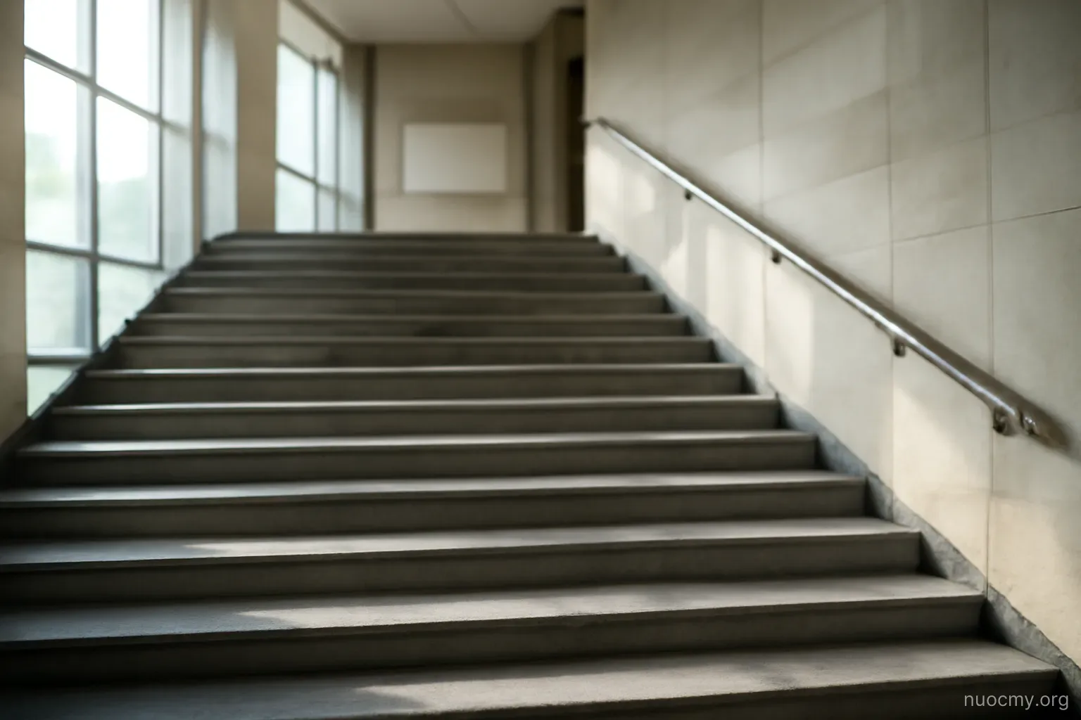 a staircase with wide shallow steps inside a public building, handrail on one side, no people