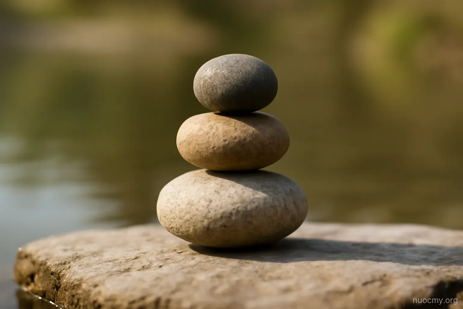 three small stones balanced on top of one another on a flat rock beside still water