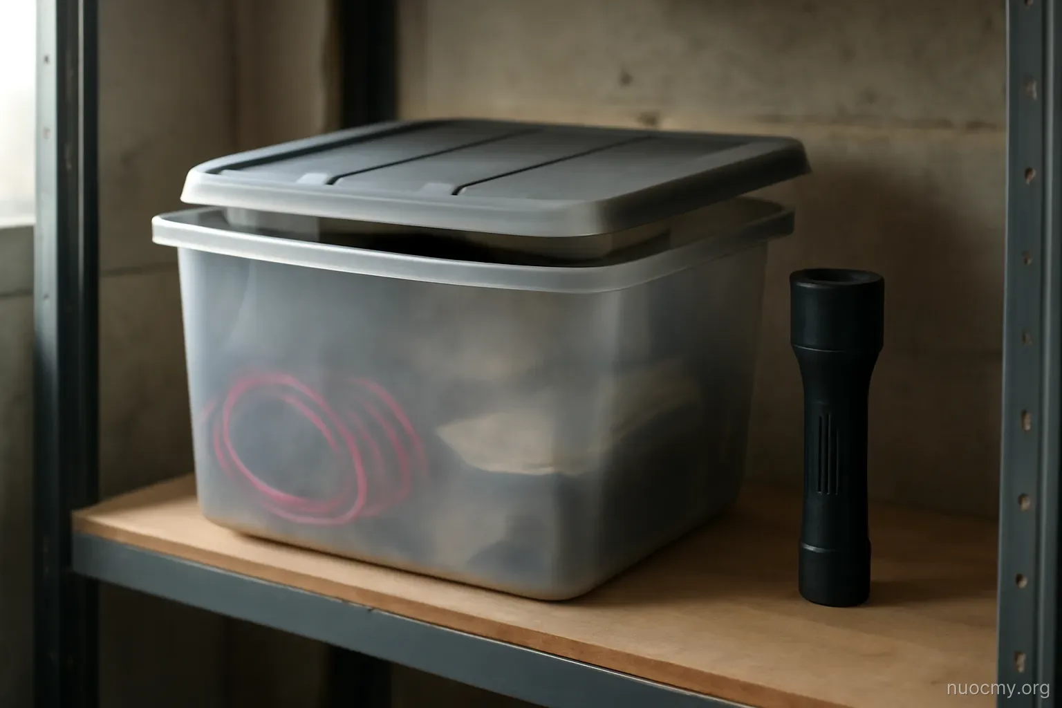 a plastic storage bin with a lid partly open on a garage shelf next to a flashlight