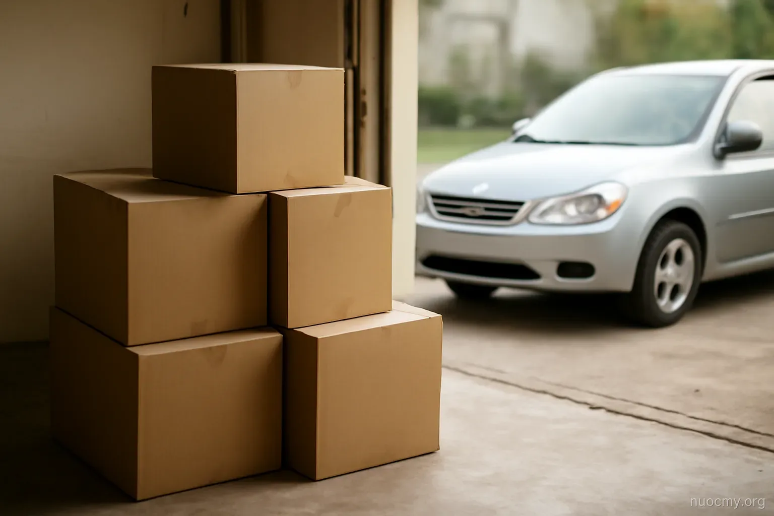 cardboard moving boxes stacked near an open garage door with a car parked outside