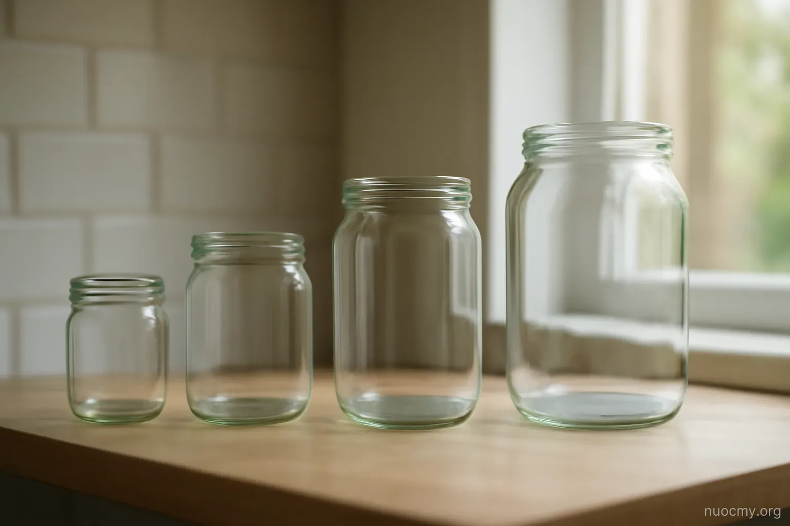 a set of empty glass jars of different sizes lined up on a kitchen shelf in daylight