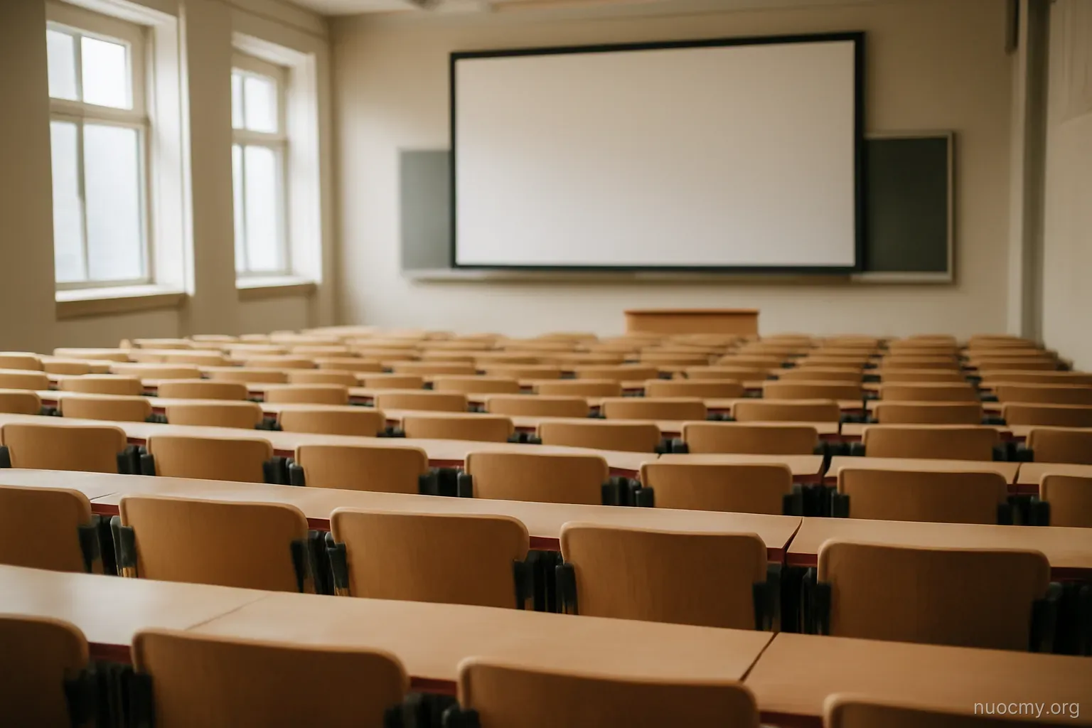 an empty lecture hall with rows of folding seats and a blank projection screen at the front