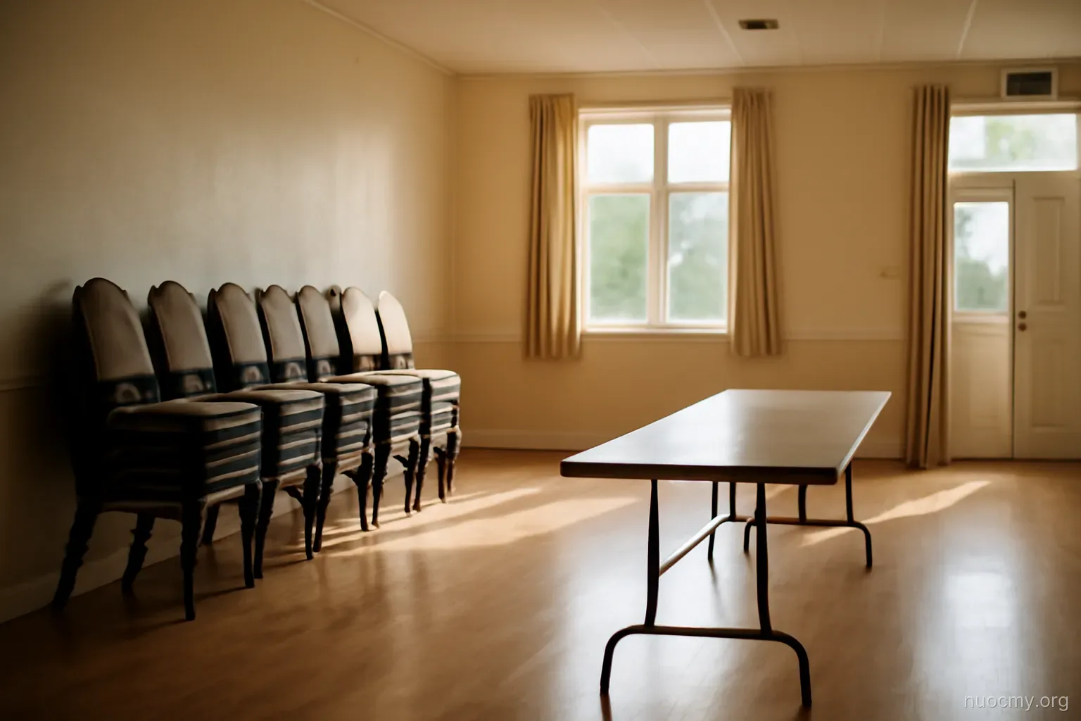 a community hall with stacked folding chairs along one wall and a long table near the entrance