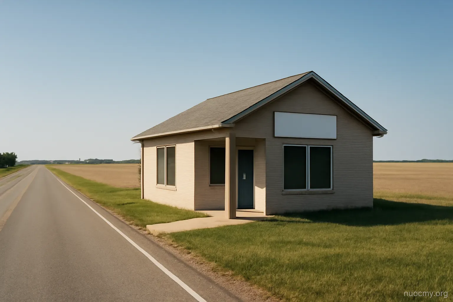 a small single story clinic building beside a long straight road with open fields on both sides
