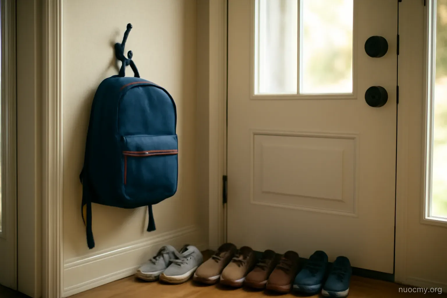 a child backpack hanging on a hook by a front door with shoes lined up neatly underneath