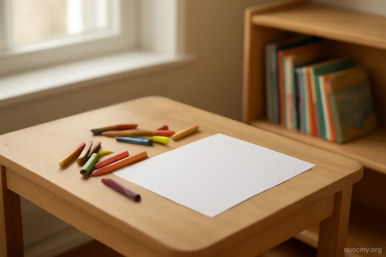 a child sized table with crayons and blank paper beside a small bookshelf of picture books