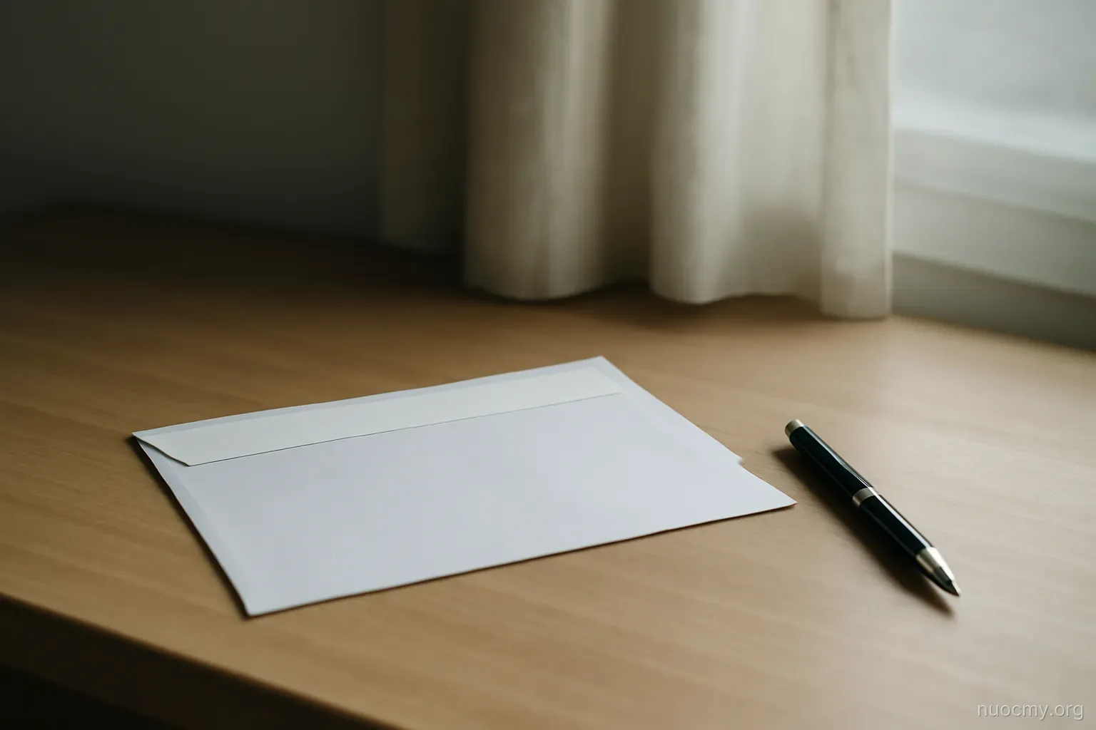 a printed statement lying unopened on a table beside a pen and a half drawn curtain
