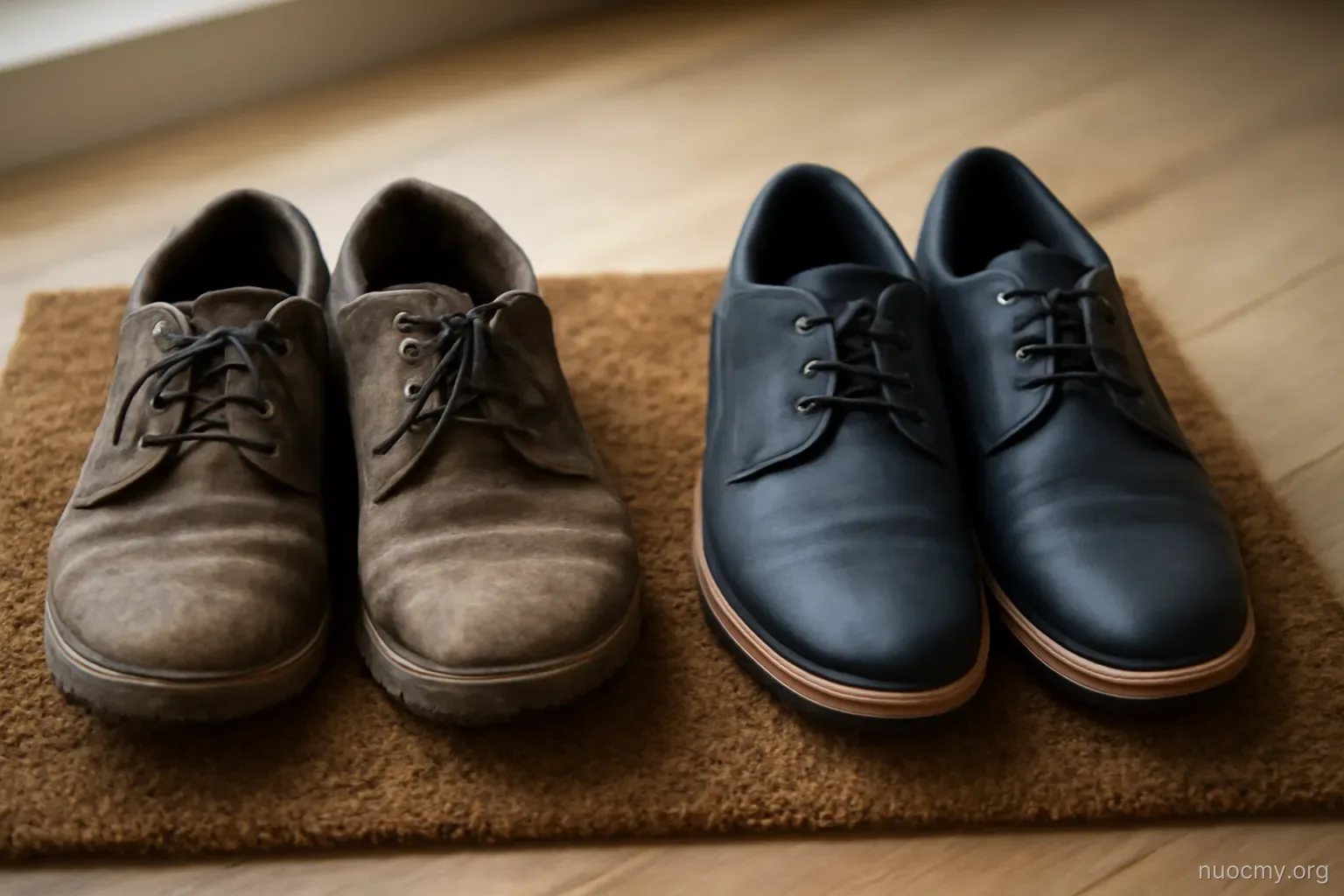 a pair of worn shoes on a doormat beside a pair of newer shoes, both facing the same direction