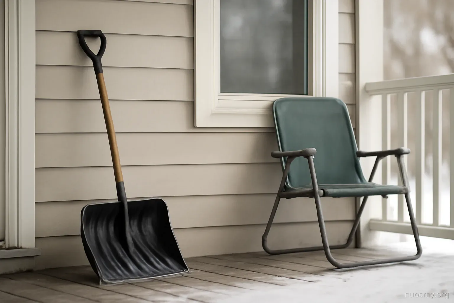 a porch with a snow shovel leaning in one corner and a folded garden chair in the other