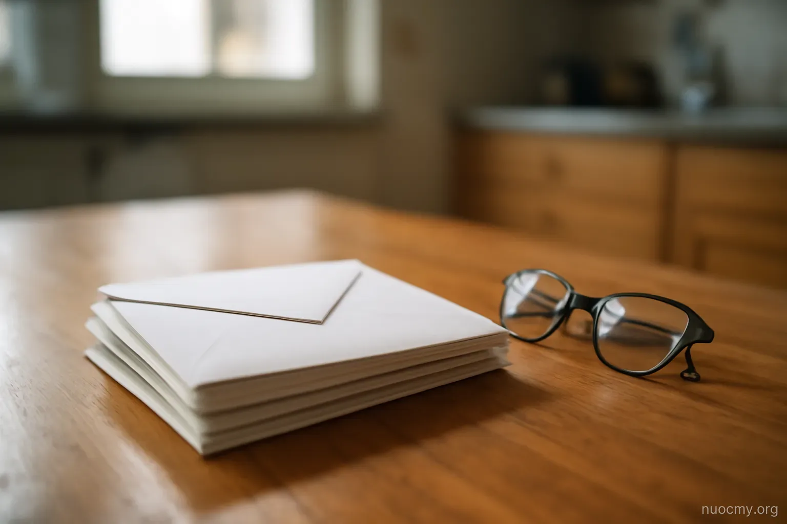 a stack of unopened envelopes on a kitchen table next to a pair of reading glasses