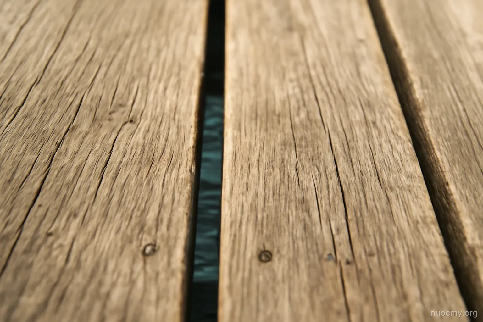 a gap between two wooden planks on a boardwalk with water visible below through the opening