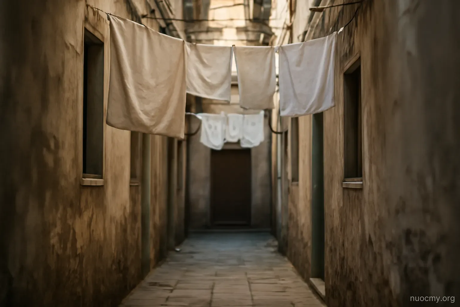 a narrow alley between two buildings with laundry lines above and a single closed door at the end