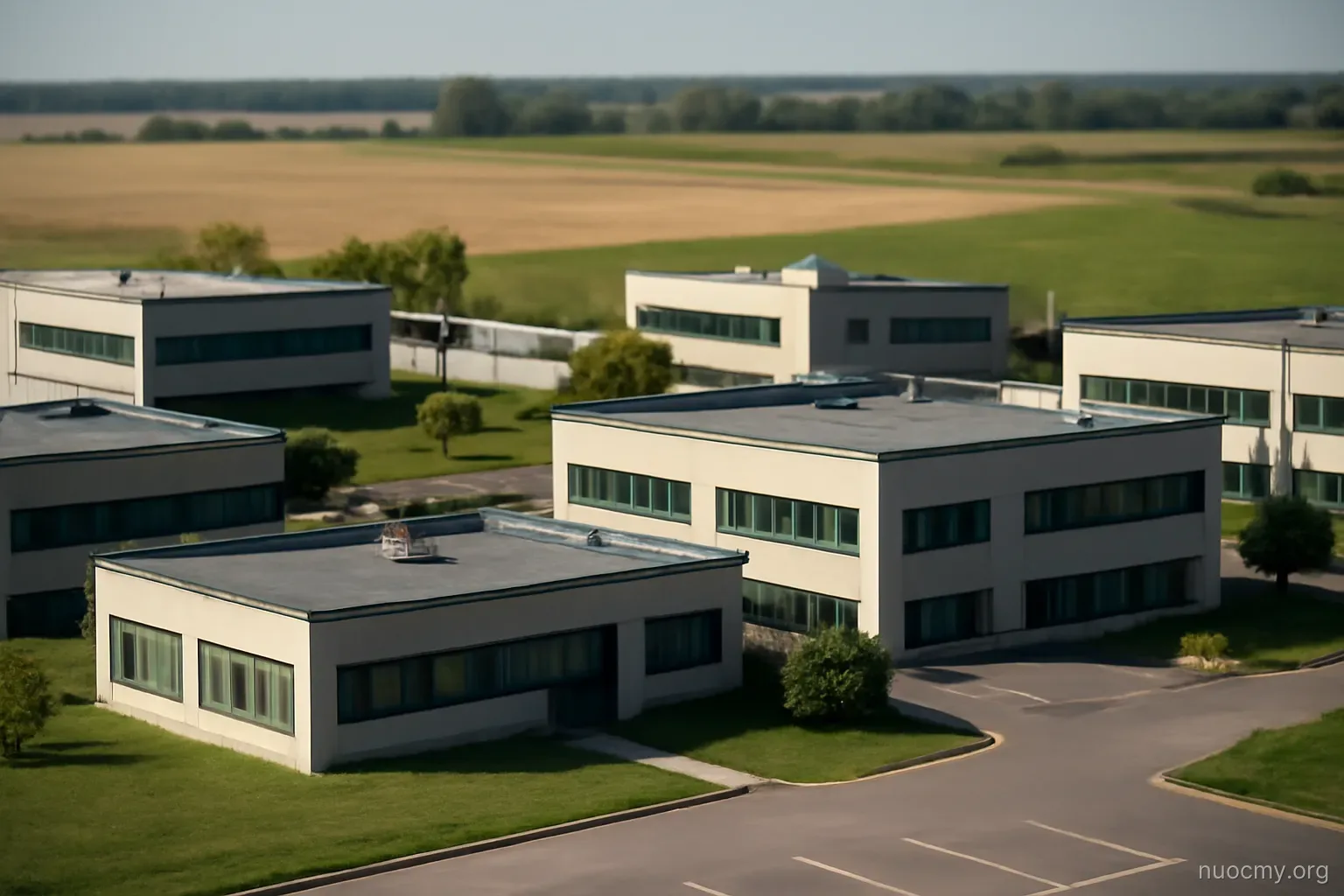 a cluster of low office buildings gathered close together with open farmland beyond them