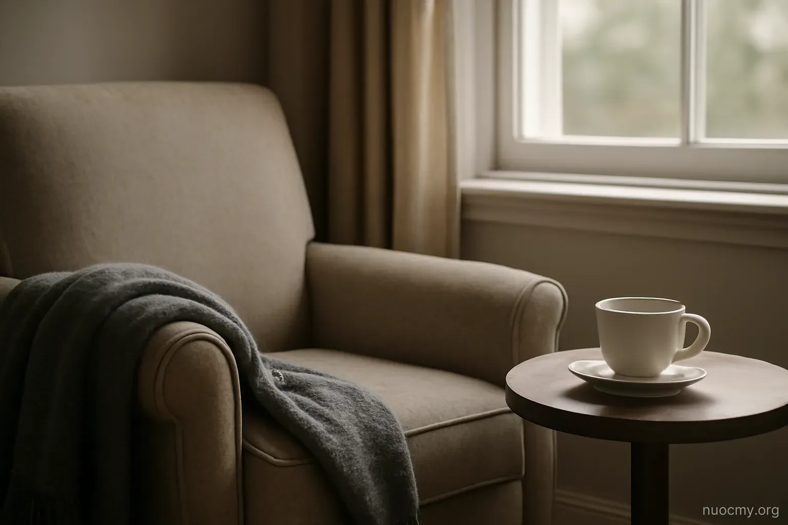 an armchair by a window with a folded blanket on the arm and an empty tea cup on a side table