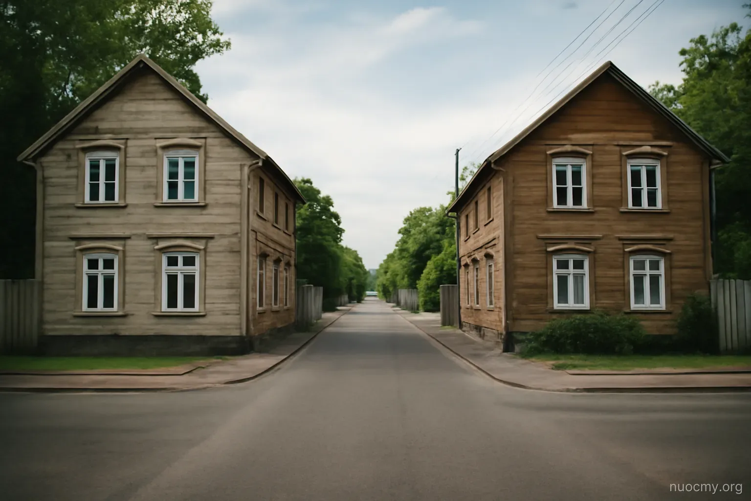 two similar wooden houses photographed from the street with a long empty road between them