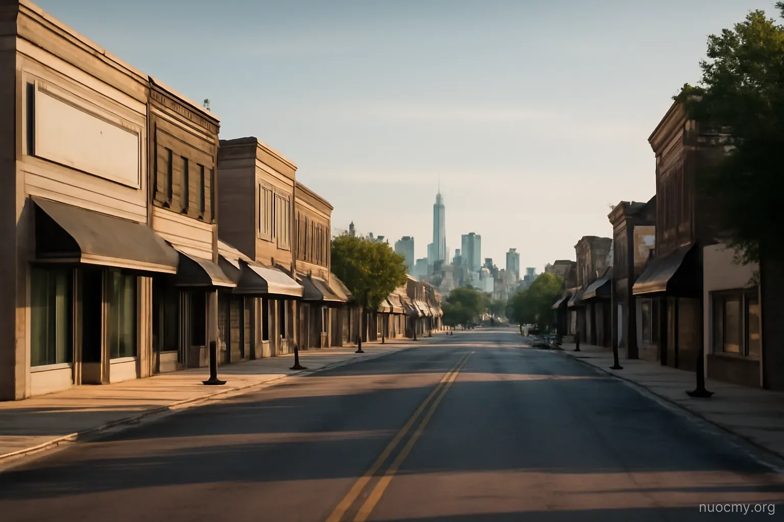 a small town main street with low storefronts contrasted against a distant city skyline on the horizon