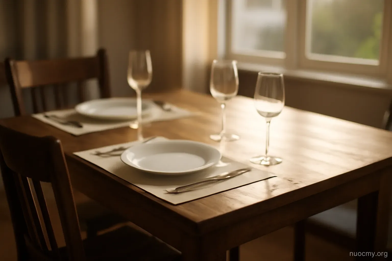 a dining table set for four with one chair pulled slightly away from the others, evening light