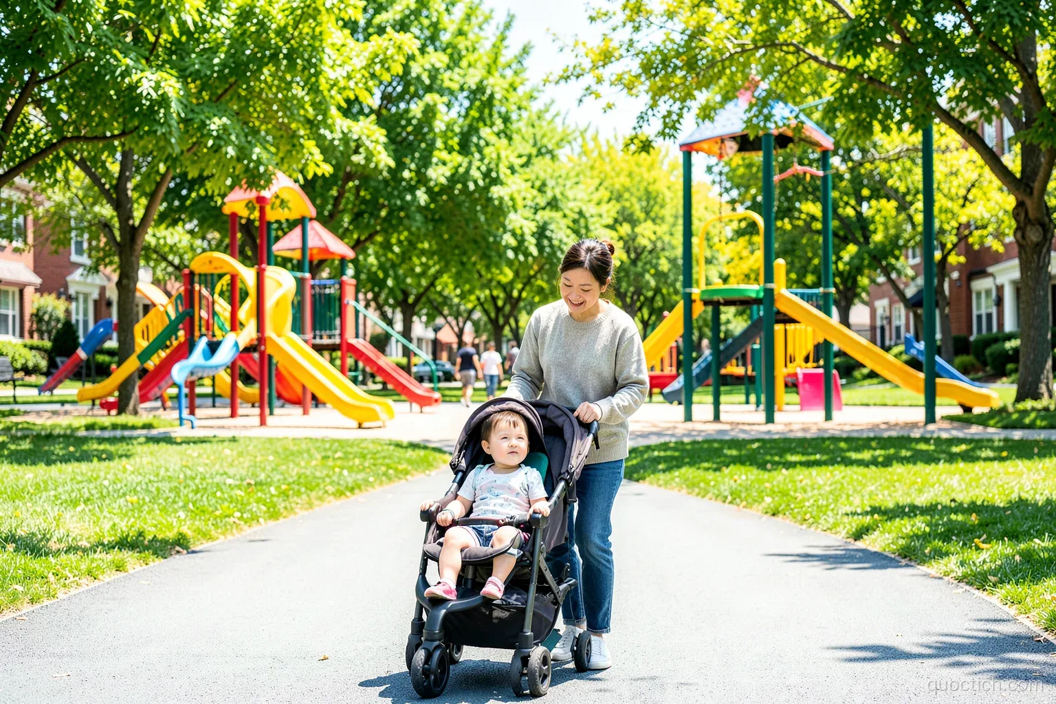 Vietnamese mother pushing a stroller with a toddler through a leafy playground with colorful slides in a Seattle neighborhood park, wide shot, fresh green and yellow, bright midday