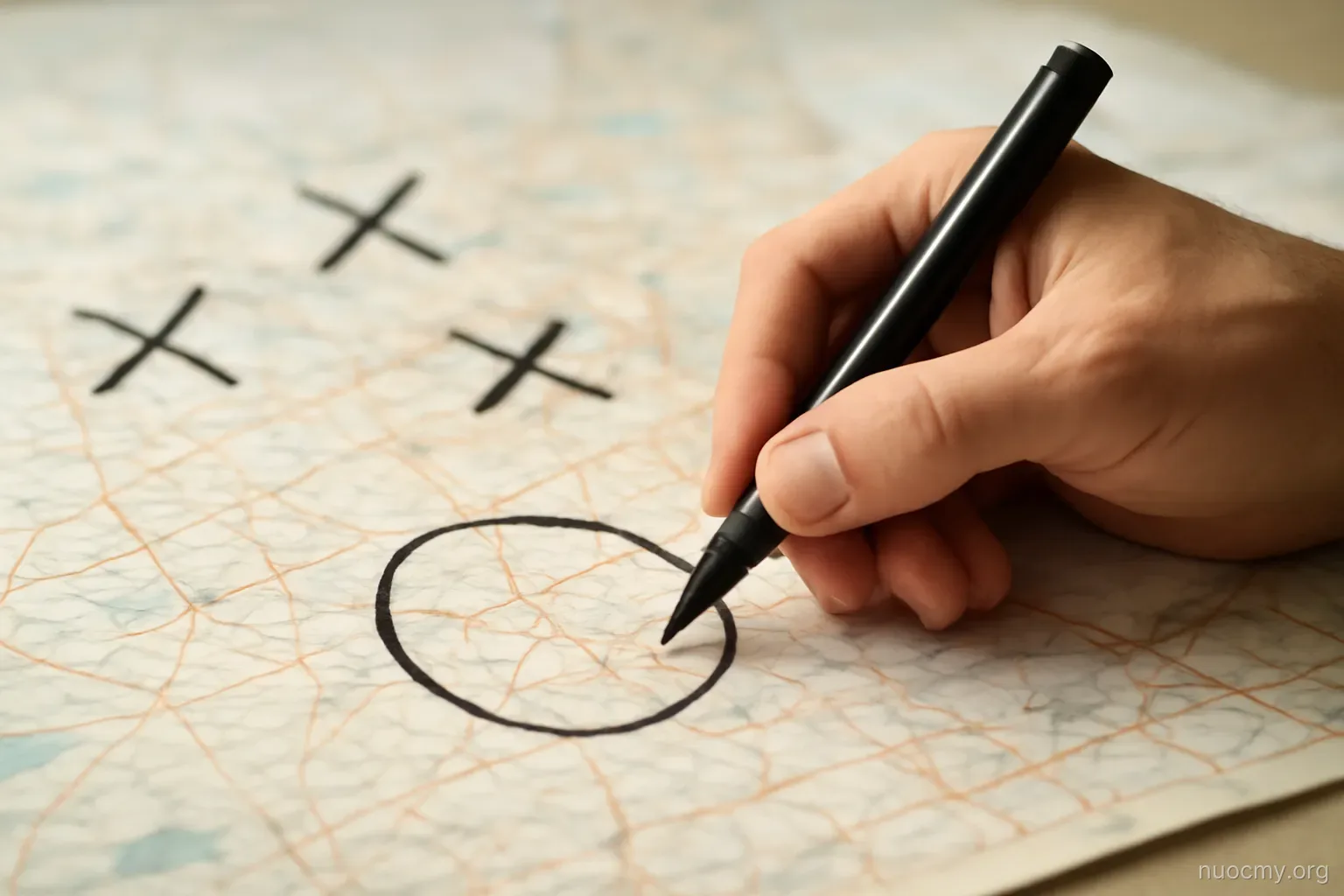 a hand drawn circle around one area on a paper map with several other areas crossed out