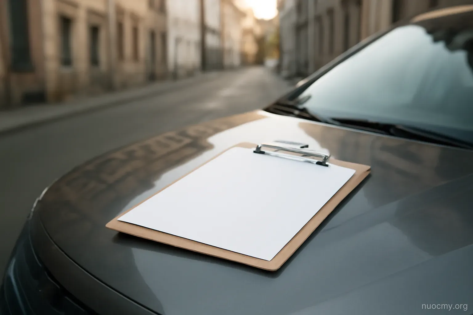 a printed checklist on a clipboard resting on the hood of a car in an unfamiliar street