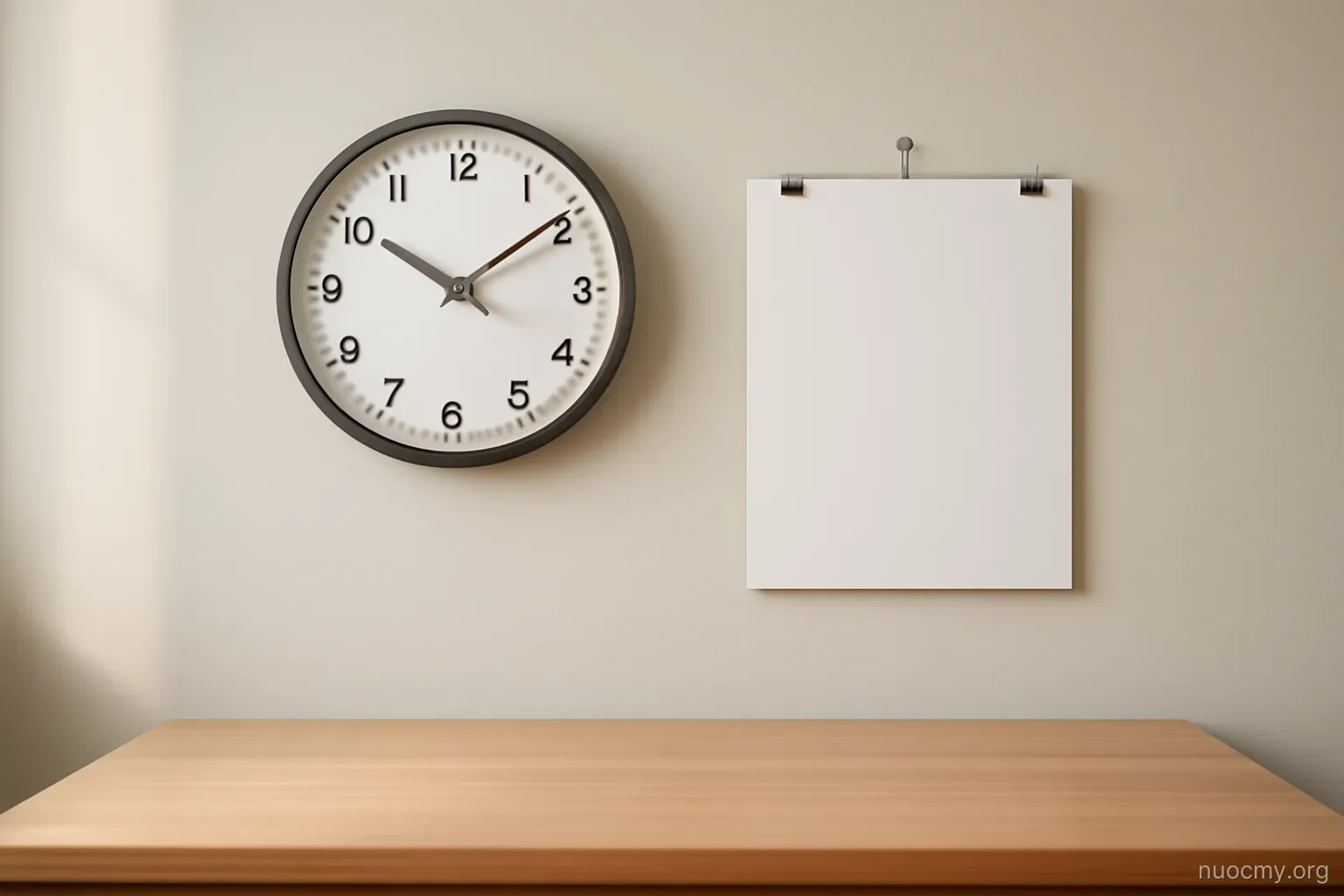 a wall clock and a paper planner hanging side by side above a tidy desk with nothing on it