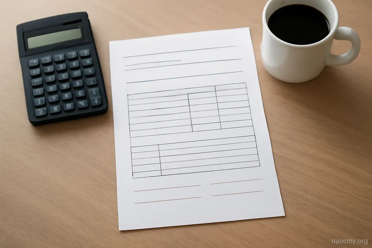 a plain printed form lying on a desk beside a calculator and a cup, shot from above