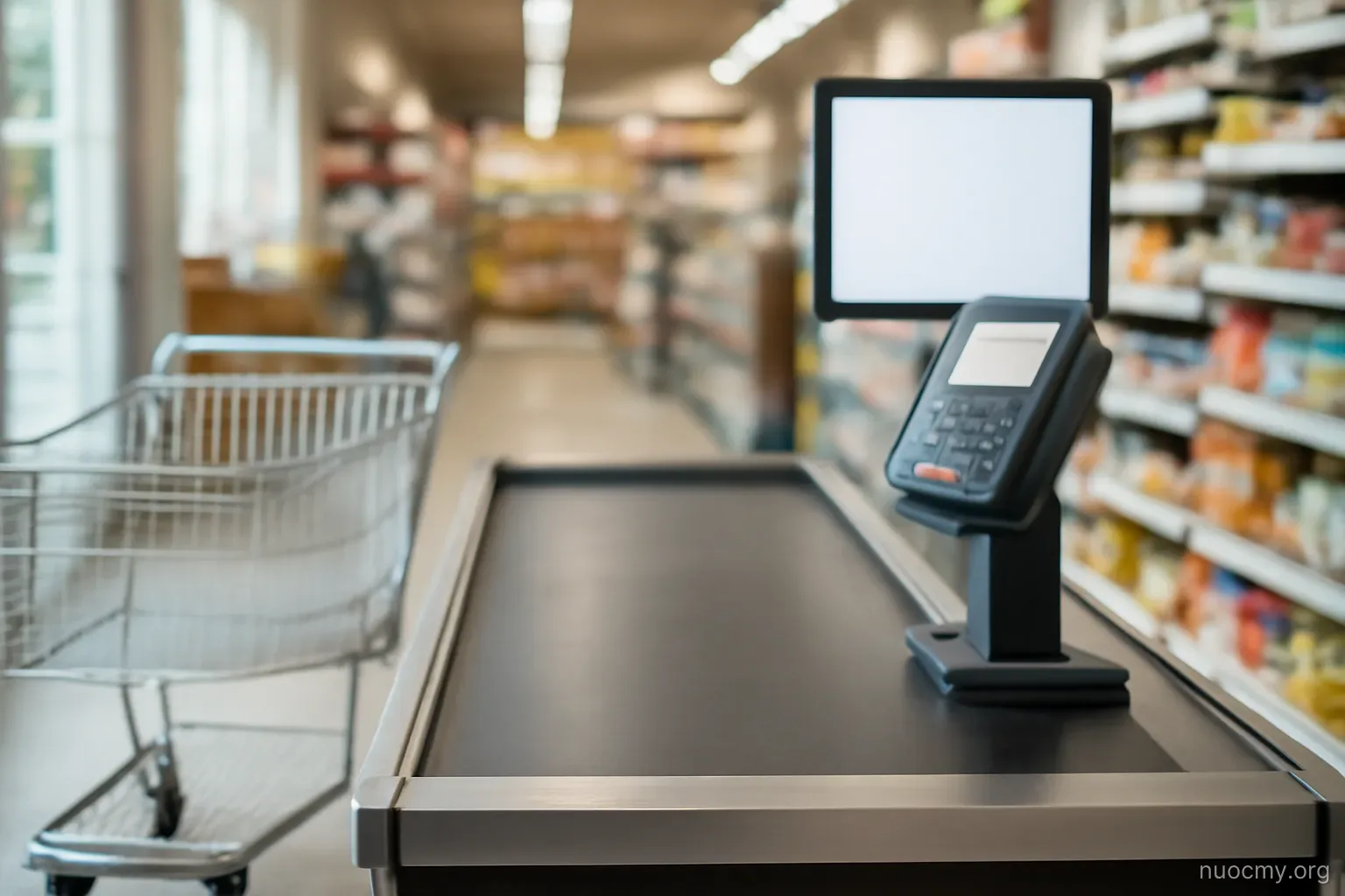 a grocery store checkout lane with a conveyor belt and an empty cart pushed to one side