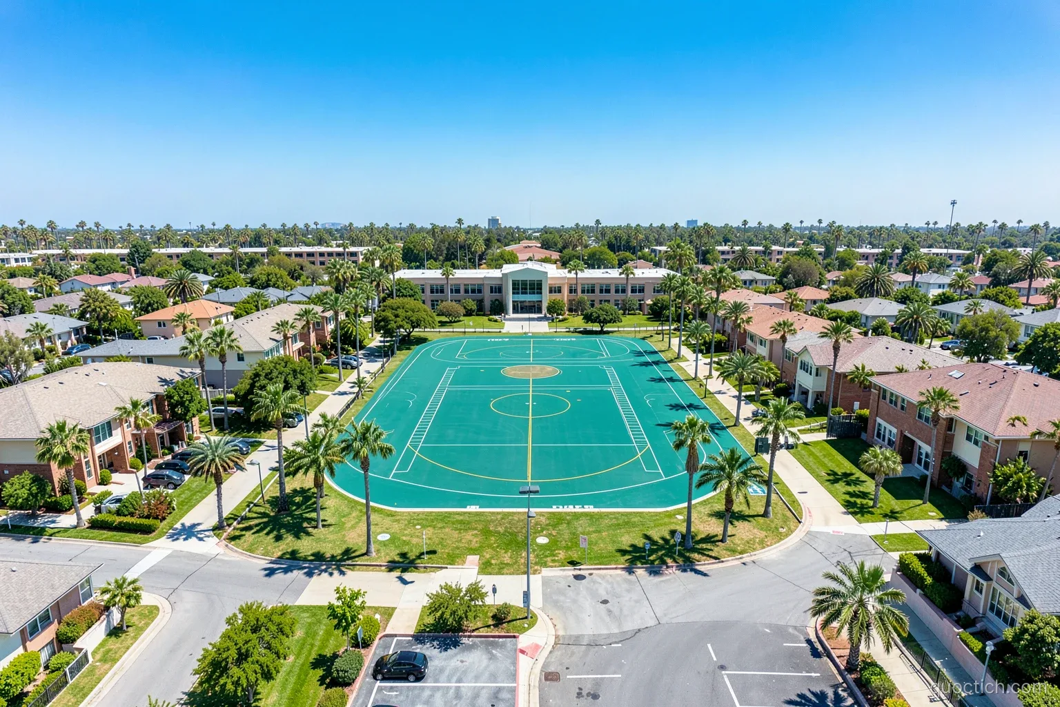Aerial view of a sunny suburban neighborhood in Irvine California with tidy rows of houses, palm trees and a large public school campus with a running track at the center, wide shot, bright blue sky