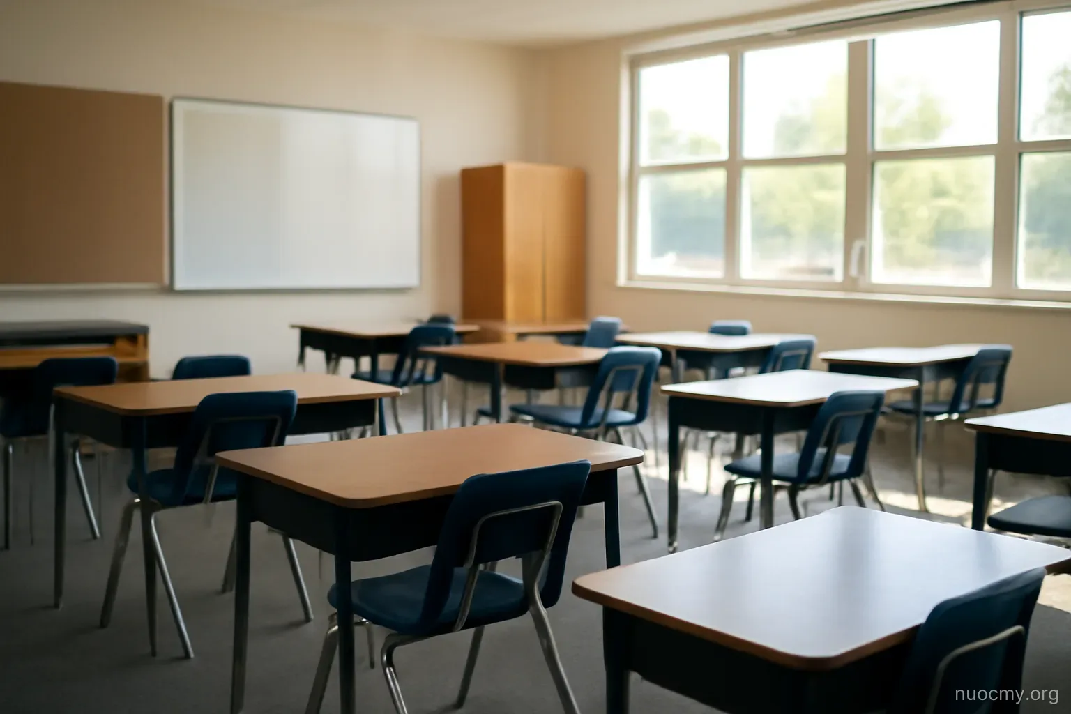 a classroom with desks arranged in small clusters instead of rows, chairs empty, bright windows
