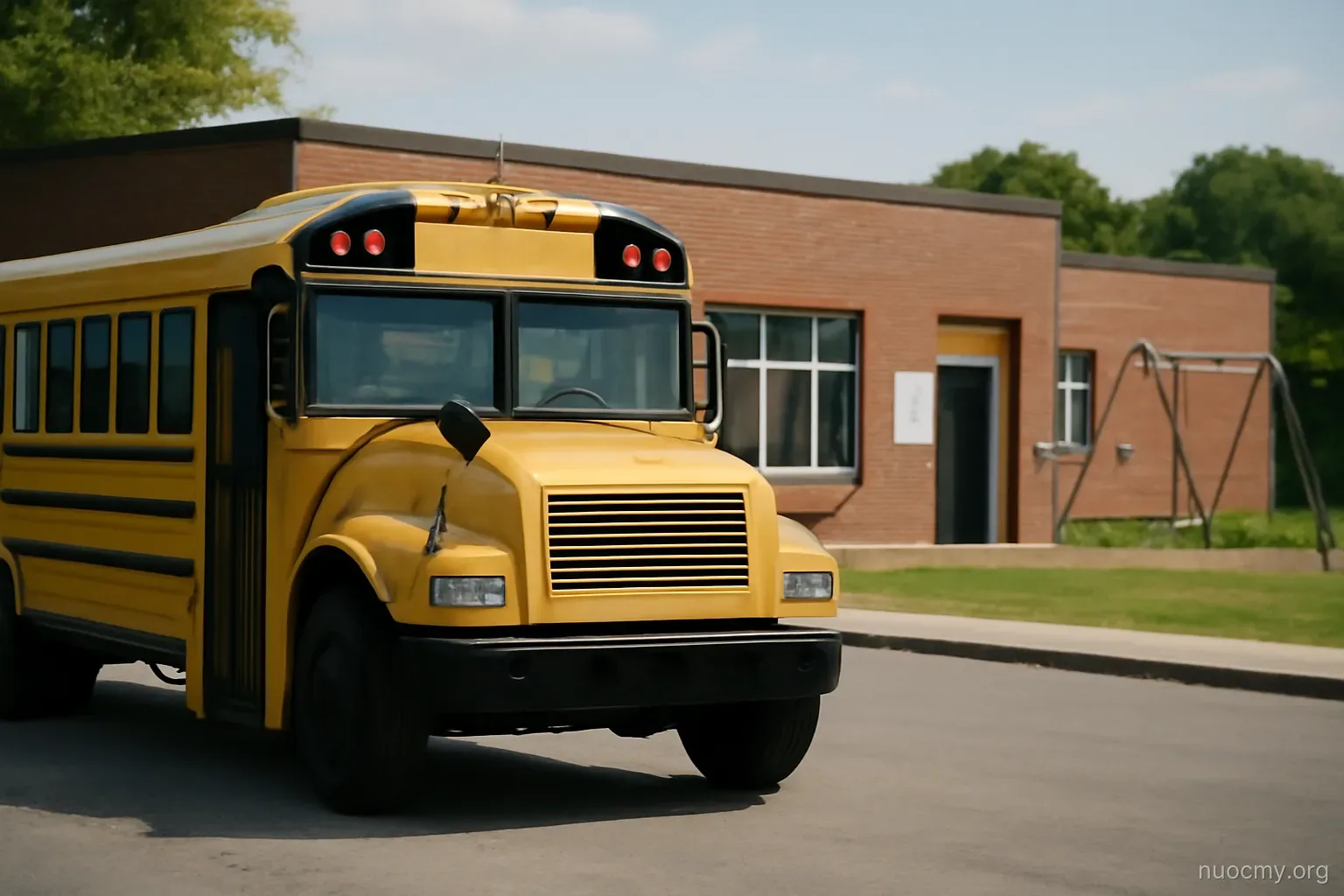 a yellow school bus parked in front of a low brick building with an empty playground beside it