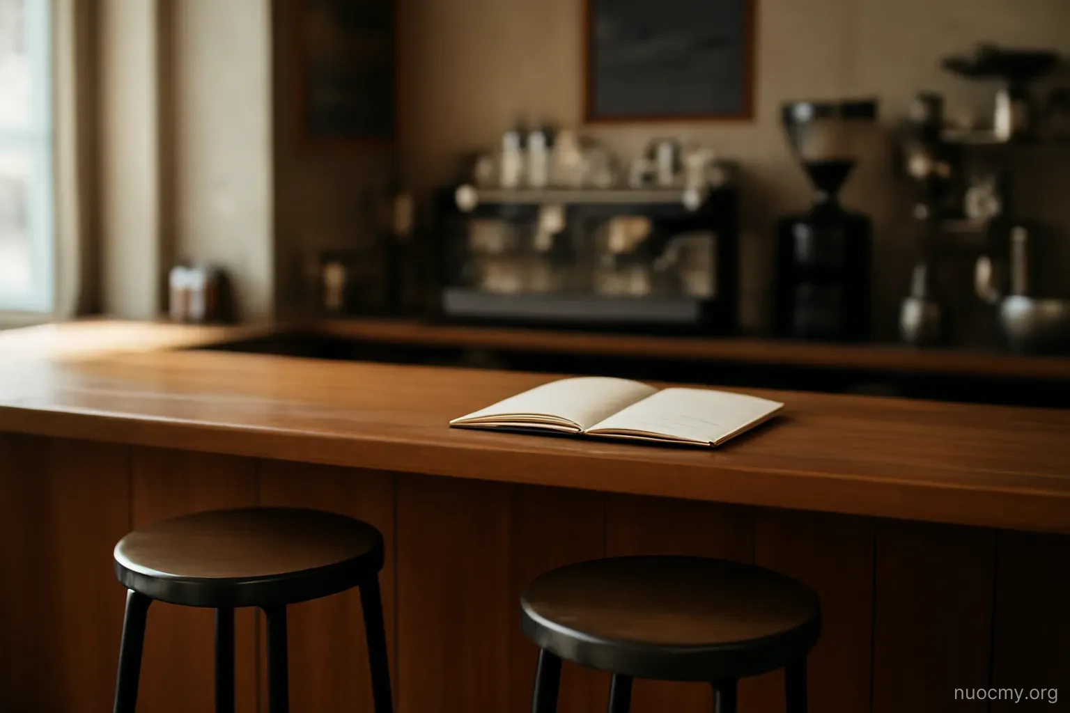 a coffee shop counter with two empty stools and a notebook left open on the wood surface