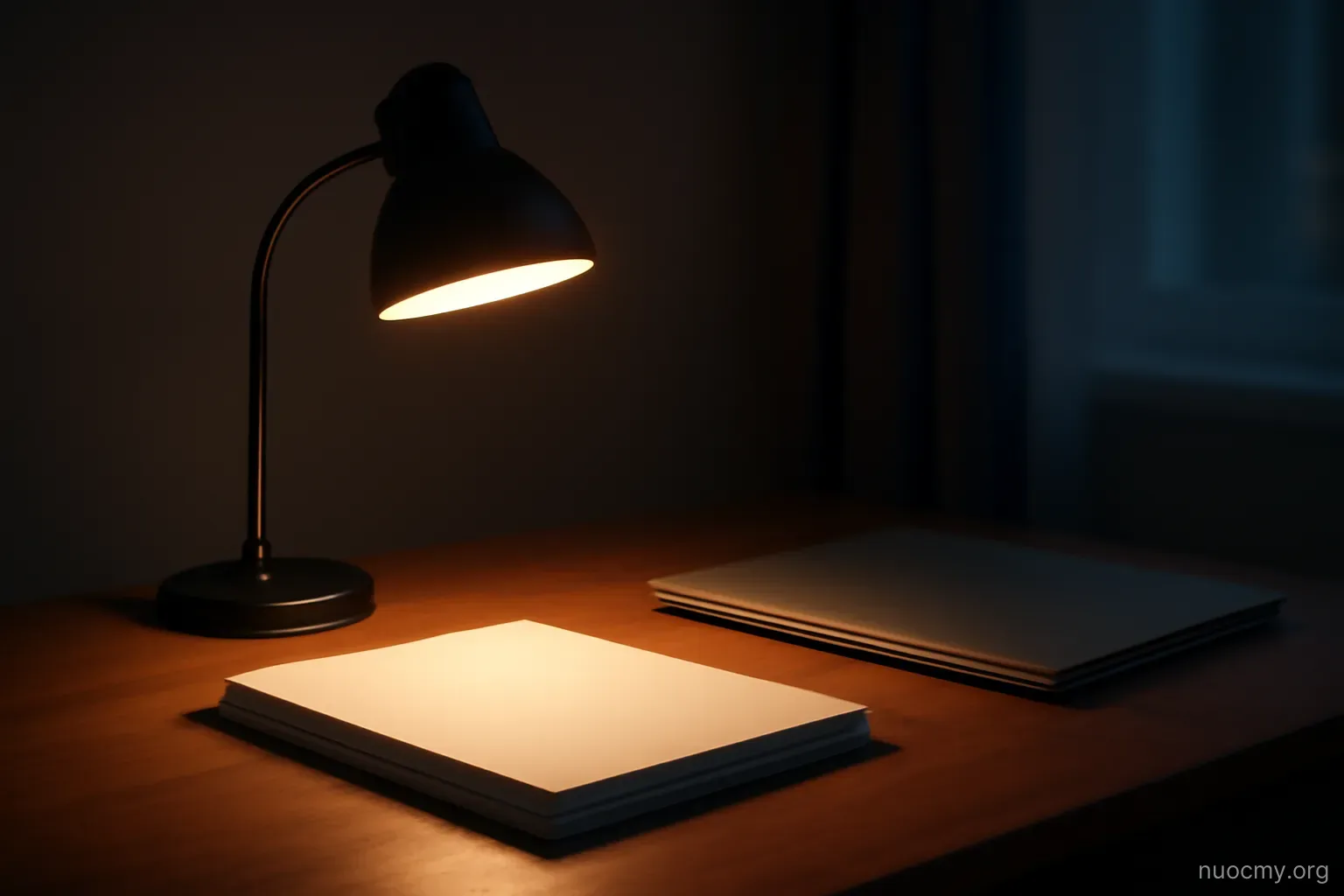 a desk lamp lighting a stack of papers and a closed laptop in a quiet room at night