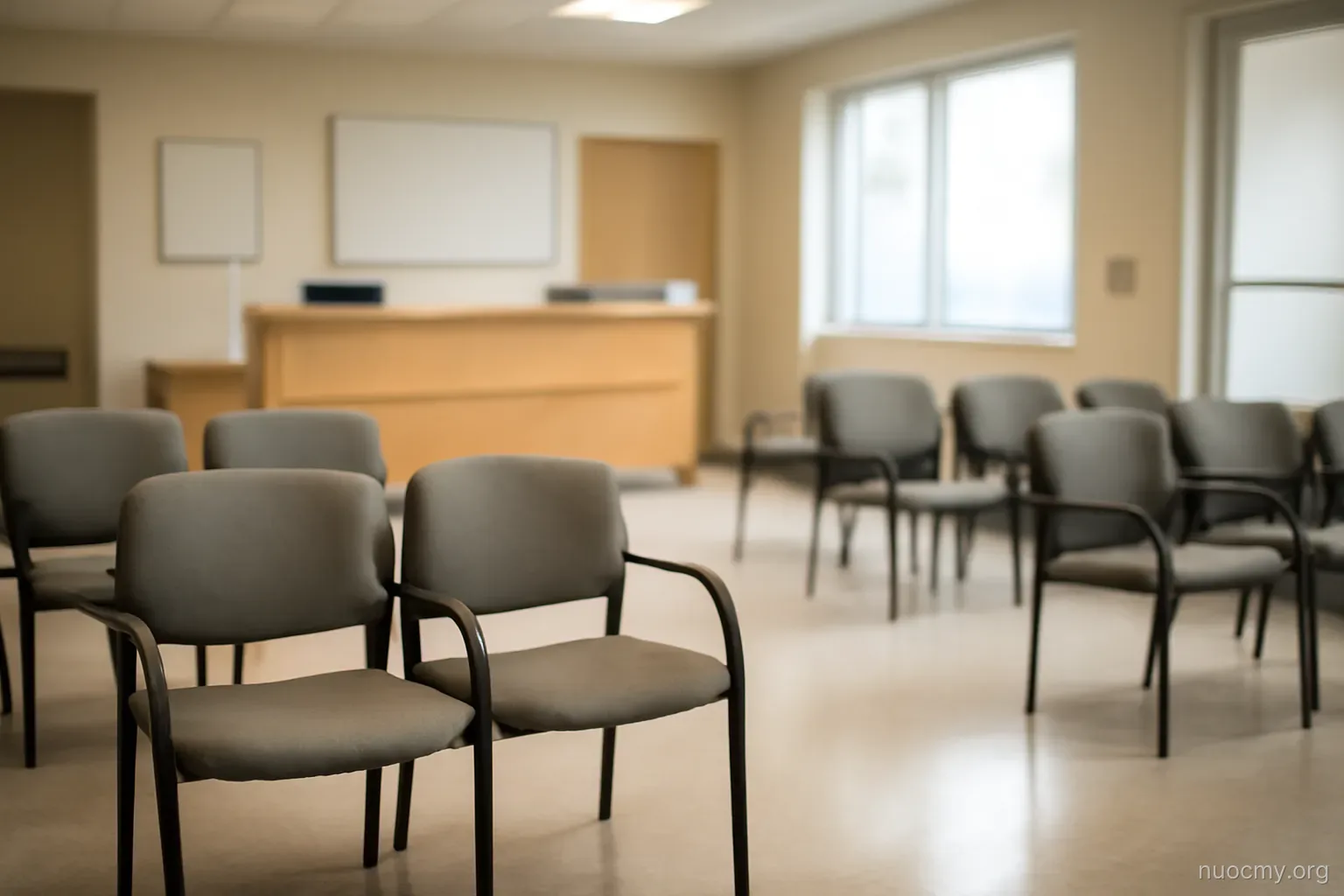 an empty waiting area in a clinic with rows of chairs and a reception desk with no one behind it